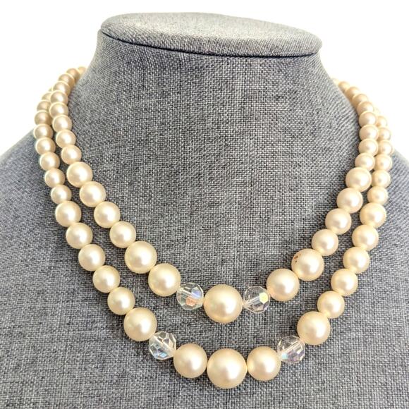 Vintage AB Glass Beaded Faux Pearl Double Strand Classic Retro 50s Necklace - Picture 1 of 3